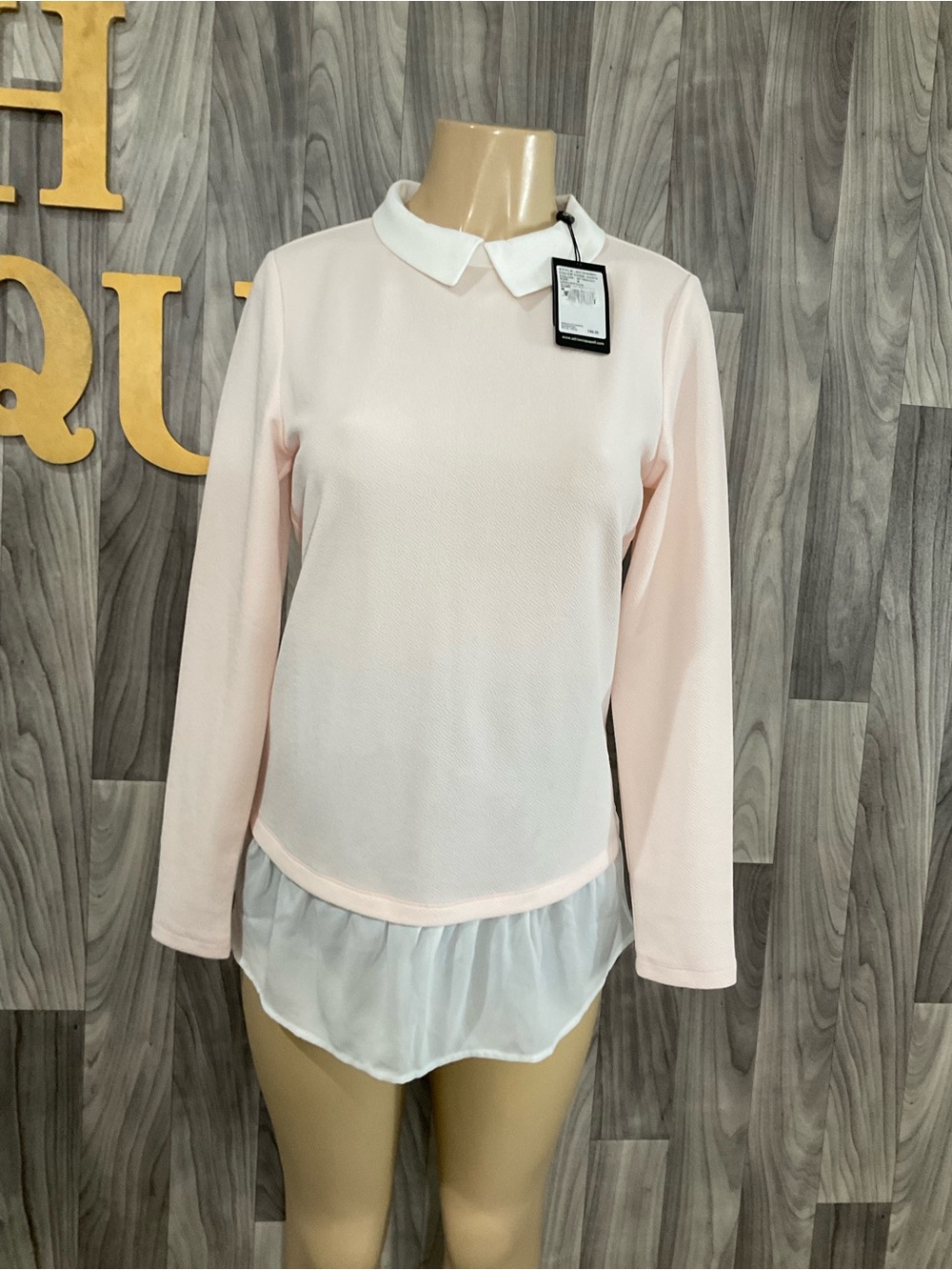Adrianna Papell Pale Pink Long-Sleeve Top with White Collar